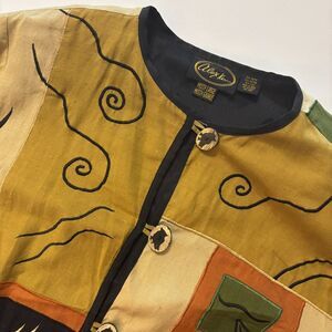 Vintage Alex Kim Abstract Patchwork Jacket Womens L Art To Wear Boho Folk Safari